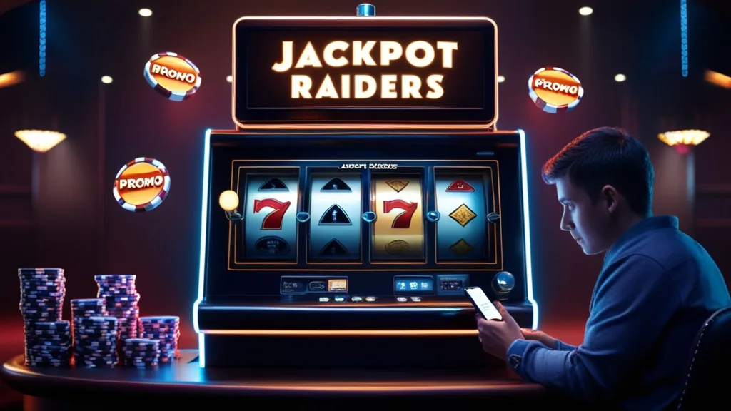 Player checking a Jackpot Raiders bonus code beside a glowing slot machine