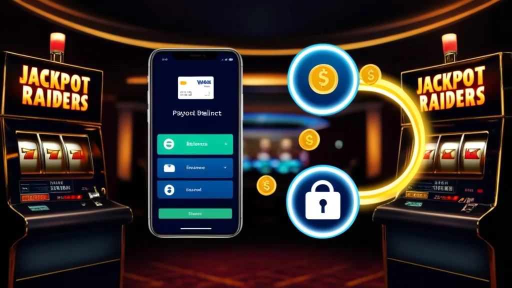 Card and e-wallet payout icons with a Jackpot Raiders slot cabinet