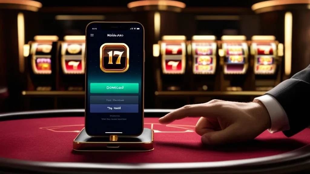 Smartphone showing a casino app download screen in a dark neon-lit casino