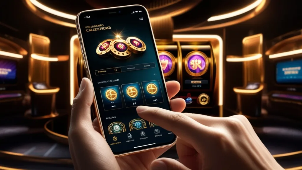 A phone displaying a sleek casino app lobby with glowing slots in a dark casino