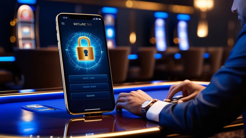 Smartphone login screen with security lock icon in a dark casino setting