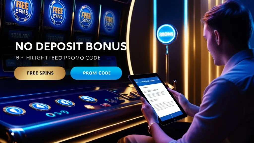 No deposit bonus scene with a player reading a Jackpot Raiders promo code offer