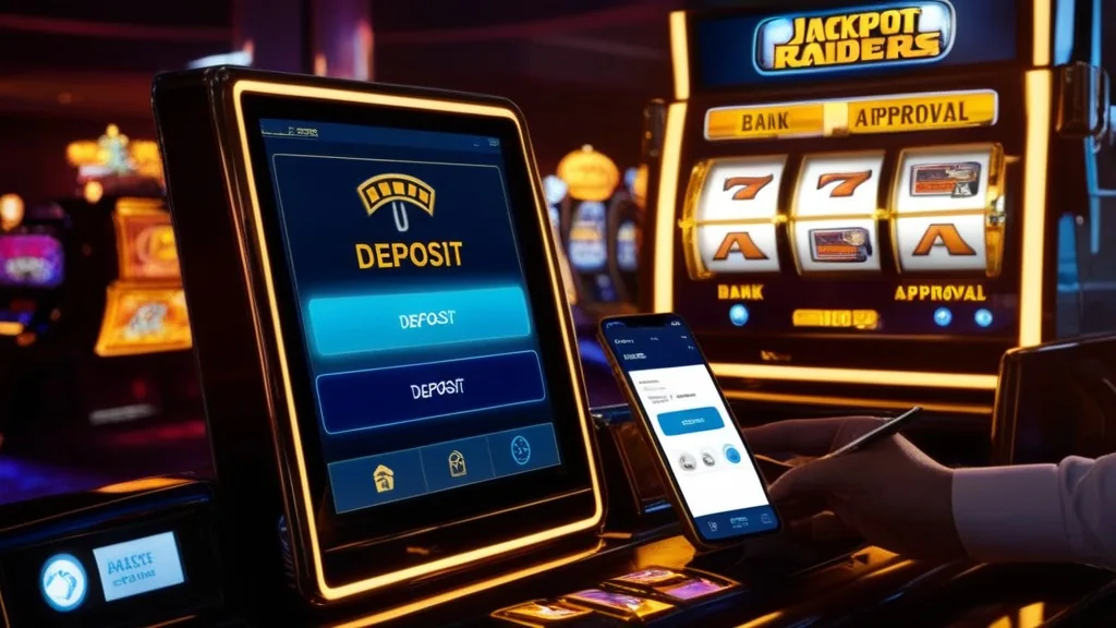 Casino deposit flow showing bank approval and a Jackpot Raiders slot backdrop