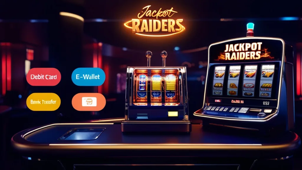 Casino cashier screen with payment icons beside a Jackpot Raiders slot machine