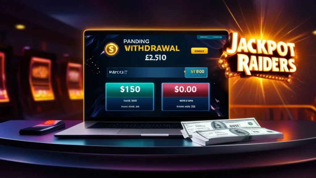 Pending withdrawal screen beside a Jackpot Raiders slot machine