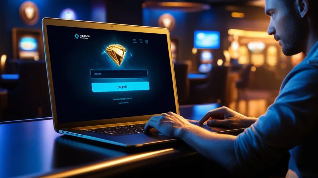 A player checking a secure login screen in a dark casino lobby.