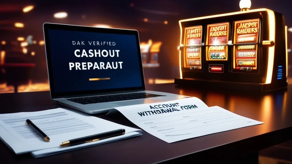 Verified withdrawal form with documents beside a Jackpot Raiders slot machine