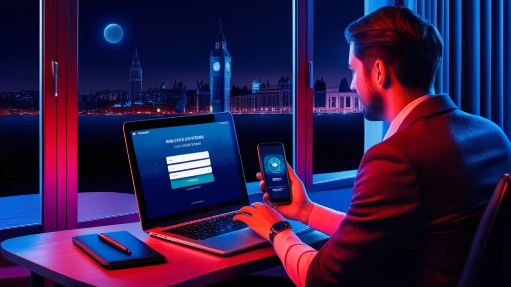 A traveler checking UK regional login verification on a phone and laptop.