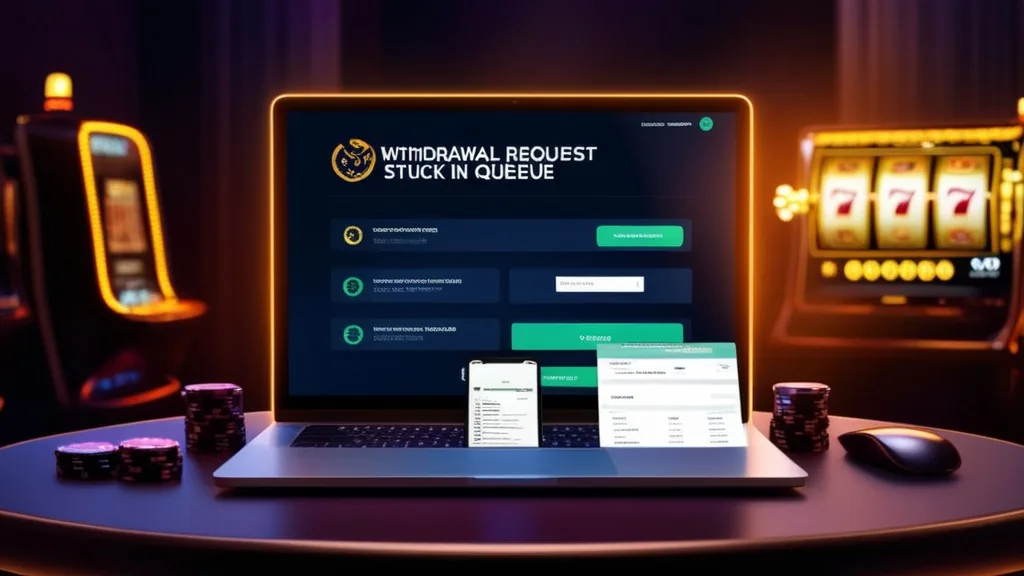 Withdrawal queue with verification and bonus icons beside a Jackpot Raiders slot